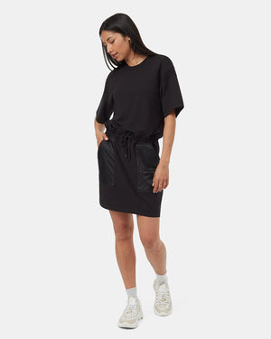 Black-Crew-Neck-Drawcord-Shortsleeve-Mini-Dress