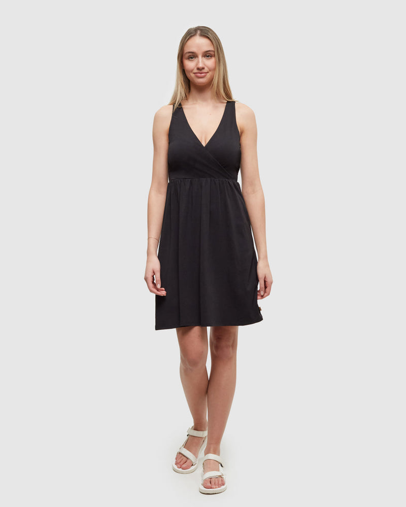 Black-EcoTech-Jersey-Regular-Faux-Wrap-Dress
