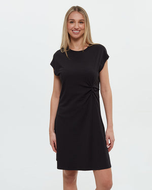 Black-Knee-Length-Crew-Neck-Dress