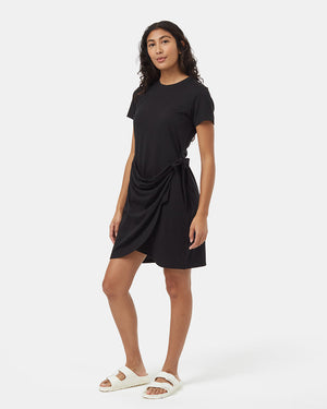 Black-Knee-Length-Crew-Neck-Shortsleeve-Wrap-Dress