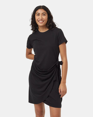 Black-Knee-Length-Crew-Neck-Shortsleeve-Wrap-Dress