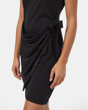 Black-Knee-Length-Crew-Neck-Shortsleeve-Wrap-Dress