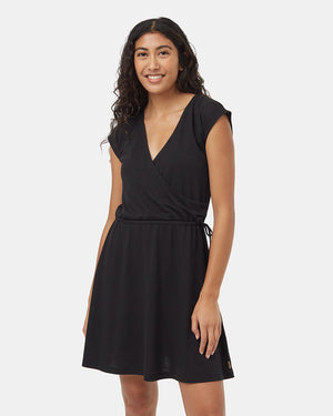 Black-Knee-Length-V-Neck-Wrap-Front-Dress