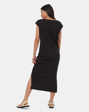 Black-Relaxed-V-Neck-Cap-Sleeve-Midi-Length-Dress