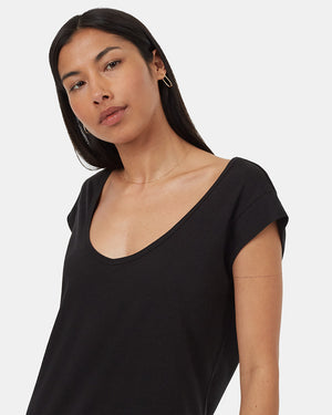 Black-Relaxed-V-Neck-Cap-Sleeve-Midi-Length-Dress