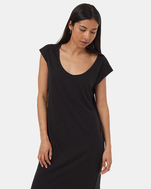 Black-Relaxed-V-Neck-Cap-Sleeve-Midi-Length-Dress