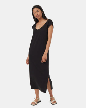 Black-Relaxed-V-Neck-Cap-Sleeve-Midi-Length-Dress