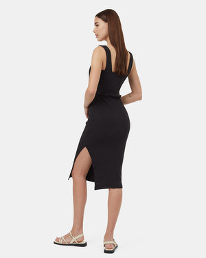 Black-Rib-Square-Neck-Slim-Fit-Midi-Dress