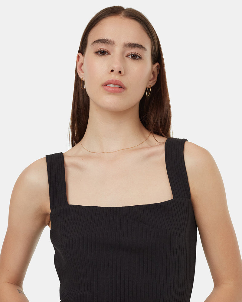 Black-Rib-Square-Neck-Slim-Fit-Midi-Dress