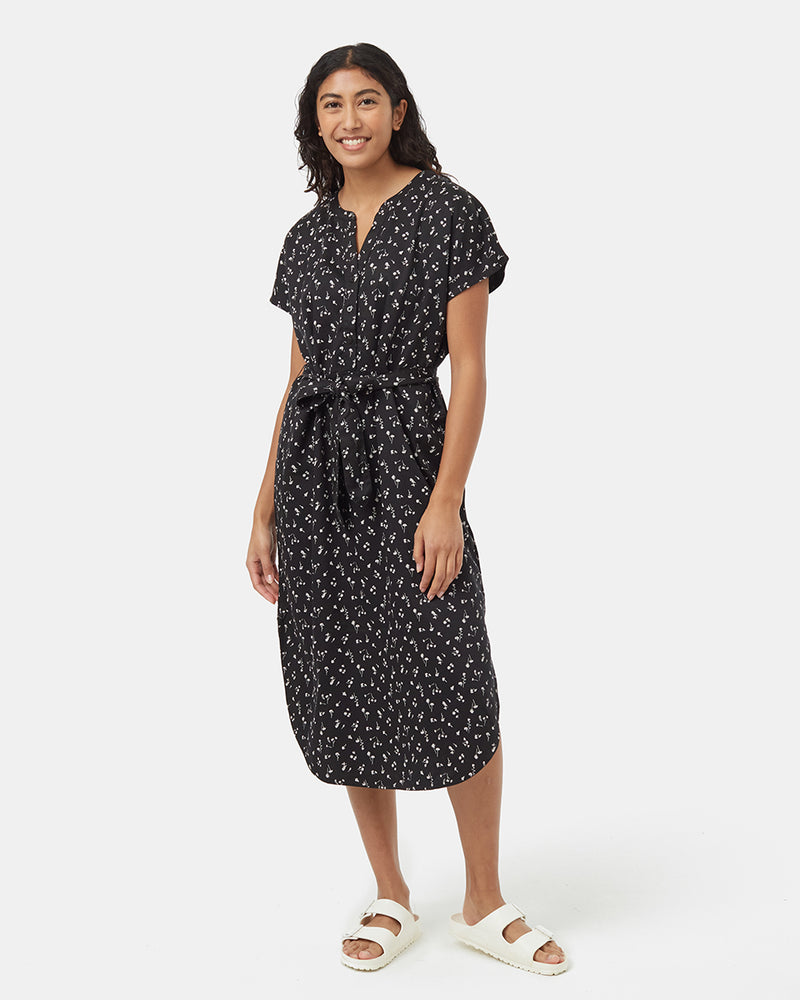 Black-V-Neck-Cap-Sleeve-Belted-Midi-Dress