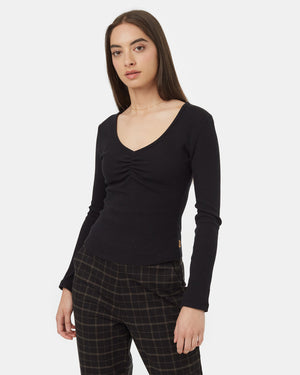 Black-V-Neck-Long-Sleeve-Ruched-Top