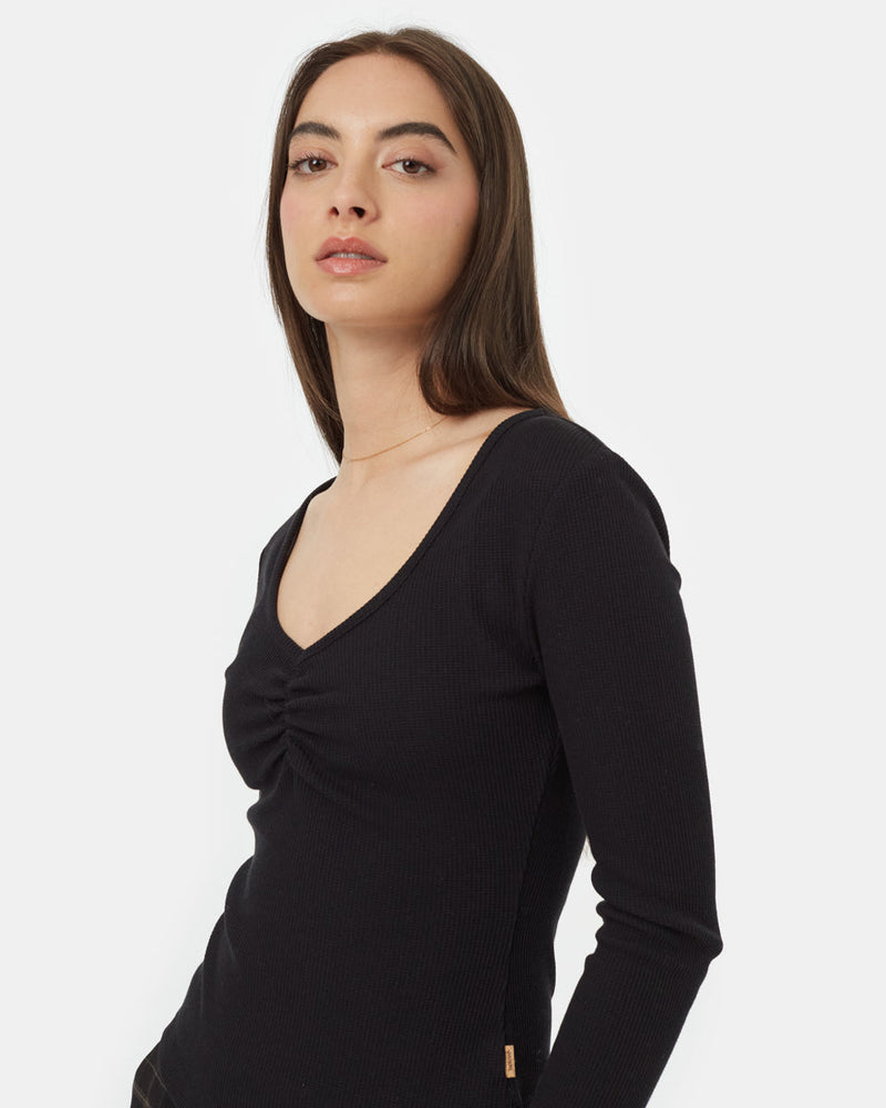 Black-V-Neck-Long-Sleeve-Ruched-Top