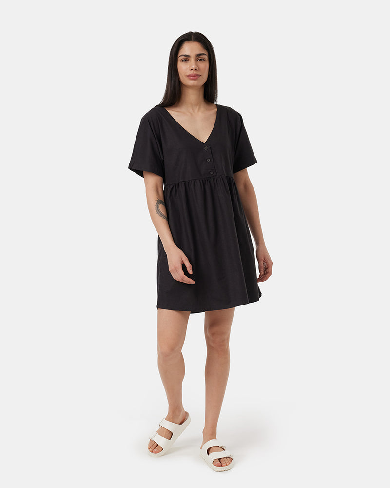 Black-V-Neck-Relaxed-Fit-Buttoned-Dress