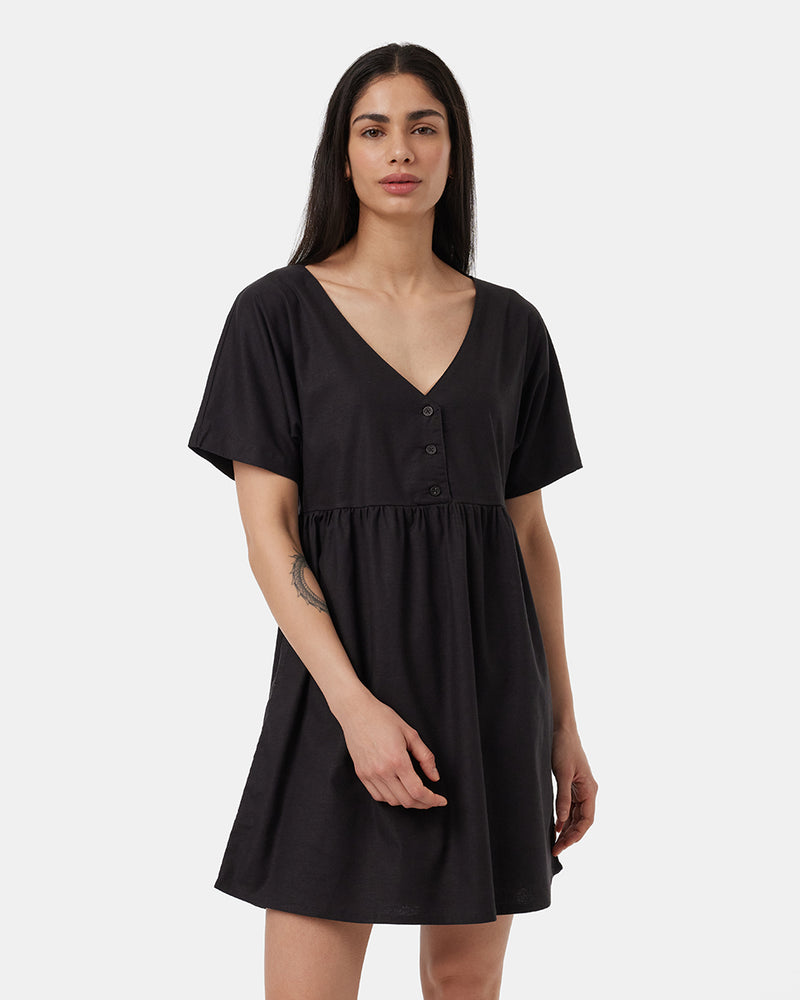 Black-V-Neck-Relaxed-Fit-Buttoned-Dress