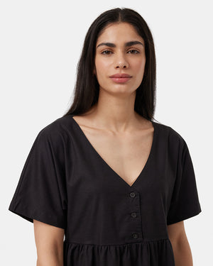 Black-V-Neck-Relaxed-Fit-Buttoned-Dress