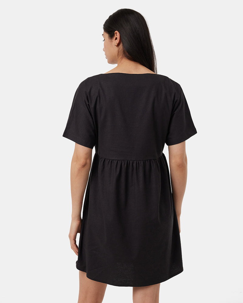 Black-V-Neck-Relaxed-Fit-Buttoned-Dress