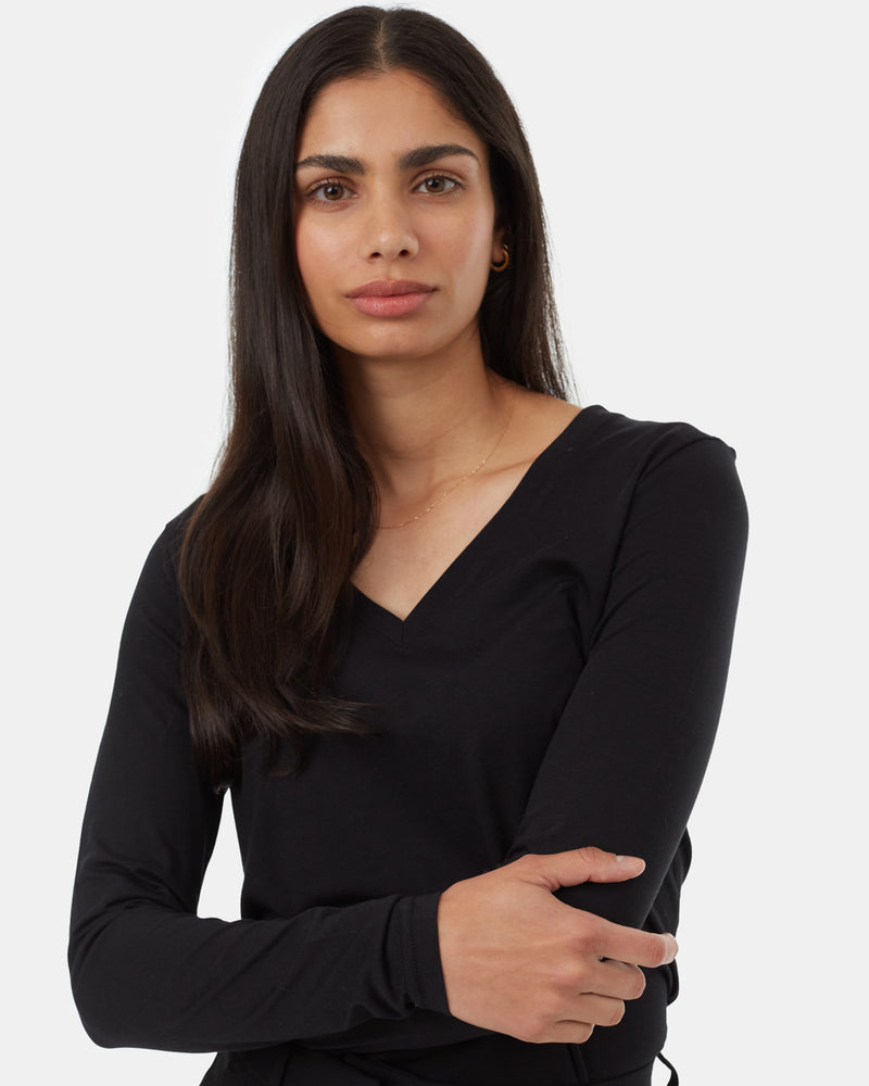 Black-Womens-Recycled-V-Neck-Long-Sleeve-Top
