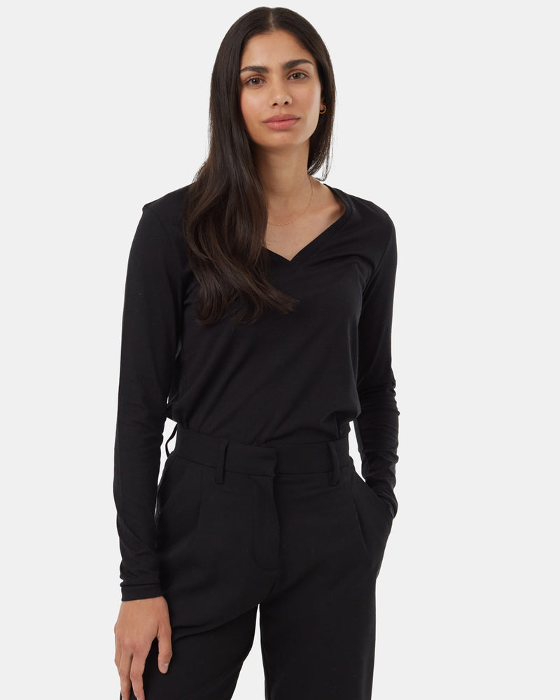 Black-Womens-Recycled-V-Neck-Long-Sleeve-Top