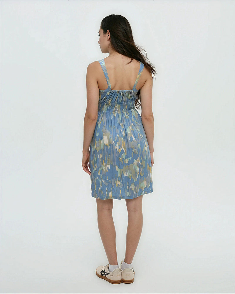 Blue-EcoWoven-Crepe-Smocked-Dress