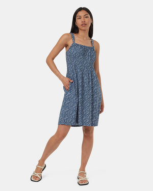 Blue-Knee-Length-Crepe-Smocked-Waist-Tank-Dress