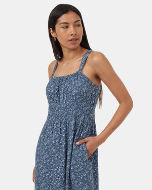 Blue-Knee-Length-Crepe-Smocked-Waist-Tank-Dress