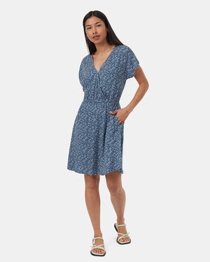 Blue-Knee-Length-V-Neck-Patterned-Wrap-Dress