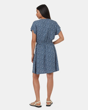 Blue-Knee-Length-V-Neck-Patterned-Wrap-Dress