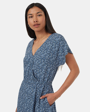 Blue-Knee-Length-V-Neck-Patterned-Wrap-Dress