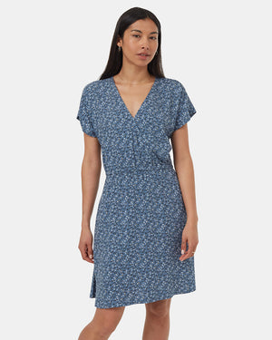 Blue-Knee-Length-V-Neck-Patterned-Wrap-Dress