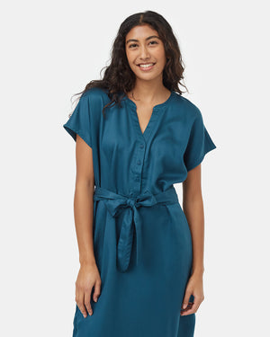 Blue-V-Neck-Cap-Sleeve-Belted-Midi-Dress