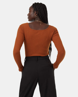 Brown-Box-Neck-Ribbed-Long-Sleeve-Top