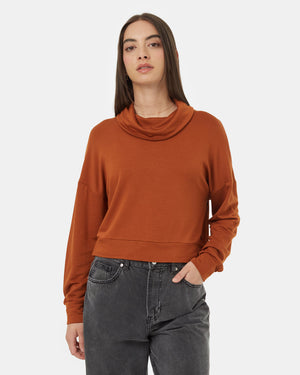 Brown-Cowl-Neck-Long-Sleeve-Cropped-Top