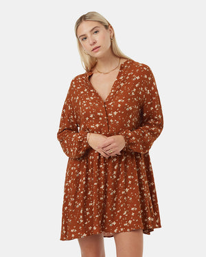 Brown-Crepe-Blouson-Knee-Length-Long-Sleeve-Dress