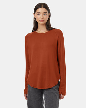 Brown-Crew-Neck-Shirttail-Hem-Long-Sleeve-Top