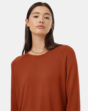 Brown-Crew-Neck-Shirttail-Hem-Long-Sleeve-Top