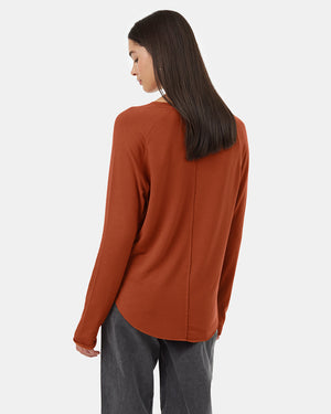 Brown-Crew-Neck-Shirttail-Hem-Long-Sleeve-Top