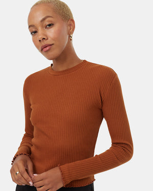 Brown-High-Crew-Neck-Ribbed-Long-Sleeve-Top