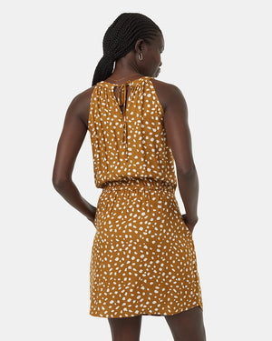 Brown-Knee-Length-Patterned-Crepe-Halter-Dress