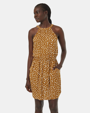 Brown-Knee-Length-Patterned-Crepe-Halter-Dress