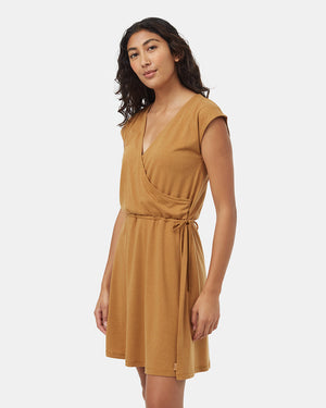 Brown-Knee-Length-V-Neck-Wrap-Front-Dress