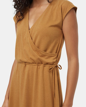 Brown-Knee-Length-V-Neck-Wrap-Front-Dress