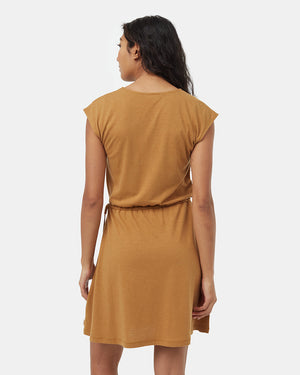 Brown-Knee-Length-V-Neck-Wrap-Front-Dress