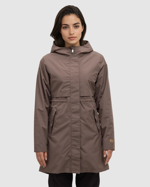 Brown-Misty-Rain-Shell-Hooded-Rain-Jacket *Model is 5'8", wearing size S