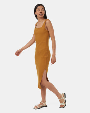 Brown-Rib-Square-Neck-Slim-Fit-Midi-Dress