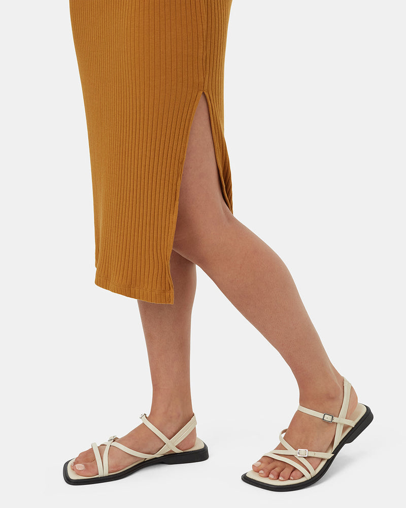 Brown-Rib-Square-Neck-Slim-Fit-Midi-Dress