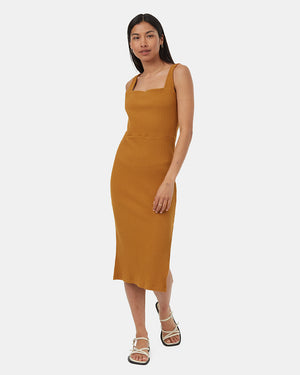 Brown-Rib-Square-Neck-Slim-Fit-Midi-Dress