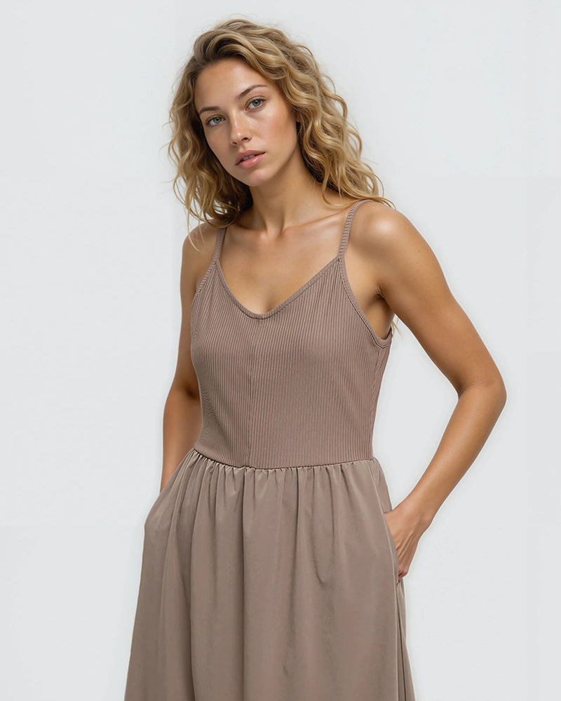 Brown-Slim-Fit-Adjustable-Midi-Dress