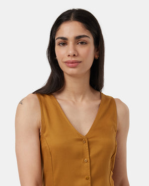 Brown-V-Neck-Buttoned-Knee-Length-Tank-Dress