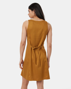 Brown-V-Neck-Buttoned-Knee-Length-Tank-Dress