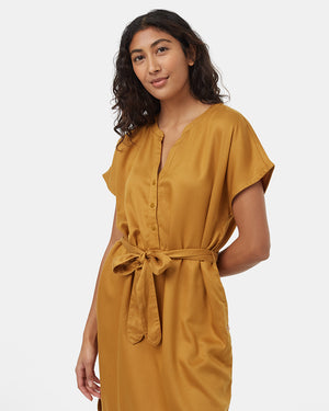 Brown-V-Neck-Cap-Sleeve-Belted-Midi-Dress